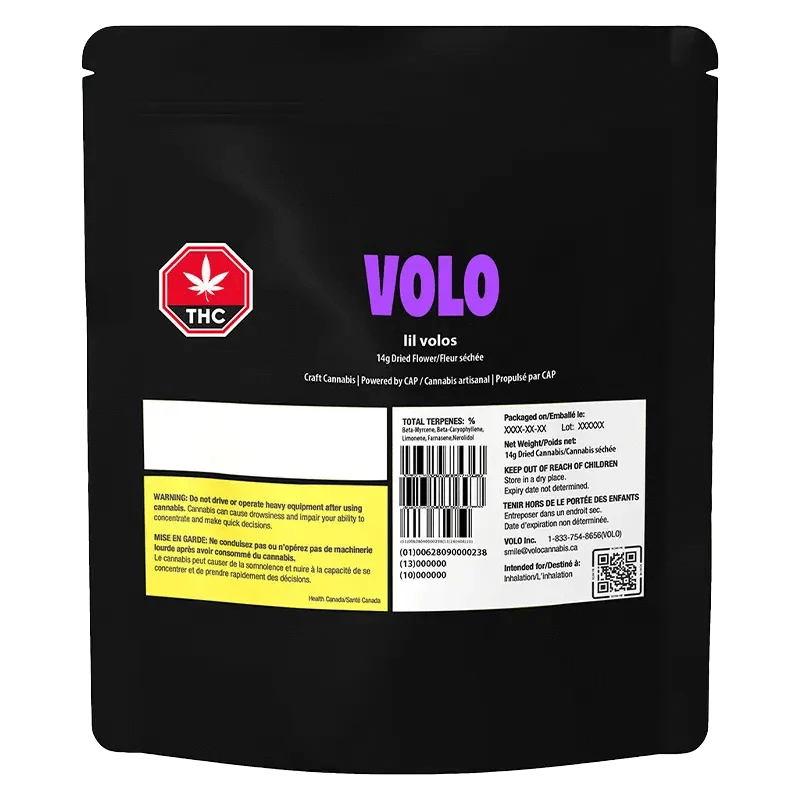 Front view of the “lil volos” packaging, displaying cannabis information in French and English with a green logo.
