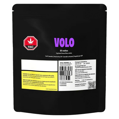 Front view of the “lil volos” packaging, displaying cannabis information in French and English with a green logo.