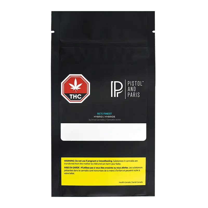 Front view of the “BC’s Finest” packaging with bold typography and a cannabis leaf emblem against a white background.