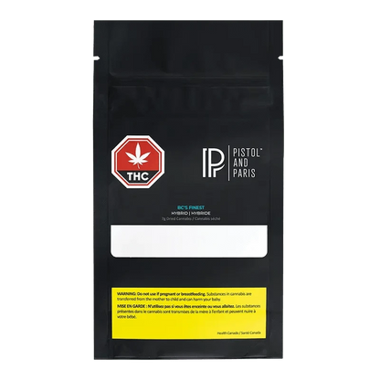 Front view of the “BC’s Finest” packaging with bold typography and a cannabis leaf emblem against a white background.