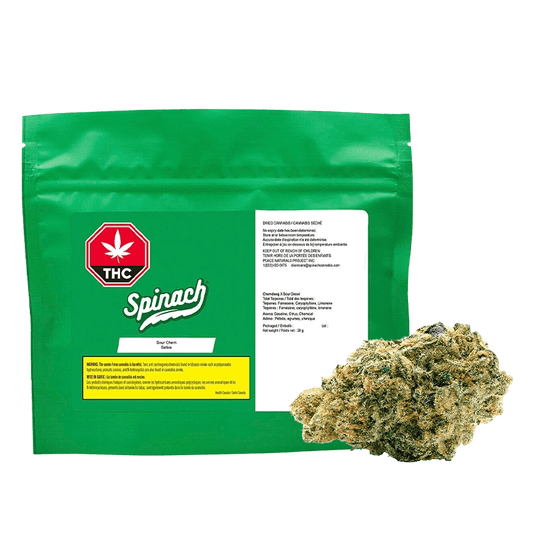 Front view of the Sour Chem package displaying vibrant green branding with a cannabis leaf symbol against a white background.