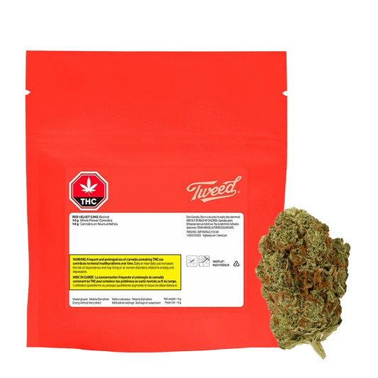 Front view of the Tweed Red Velvet Cake package, displaying a red and white label with cannabis information.