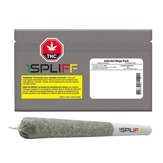 Front view of the Celestial Mega Pack Pre Rolled 80 x 0.35 g packaging, displaying bold graphics on a dark background.