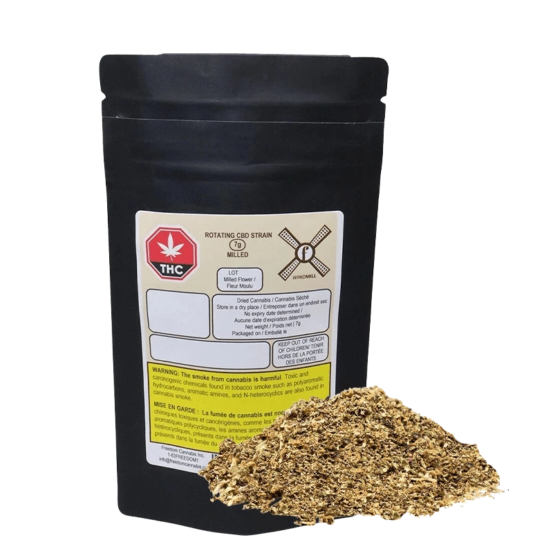 Front view of Milled CBD packaging with a THC warning label and French text, against a dark background.