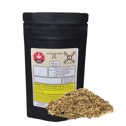 Front view of Milled CBD packaging with a THC warning label and French text, against a dark background.