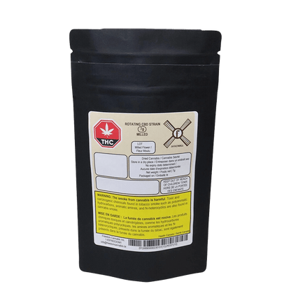 Front view of the Milled CBD packaging with a dark background and a white label displaying French warnings and regulatory information.