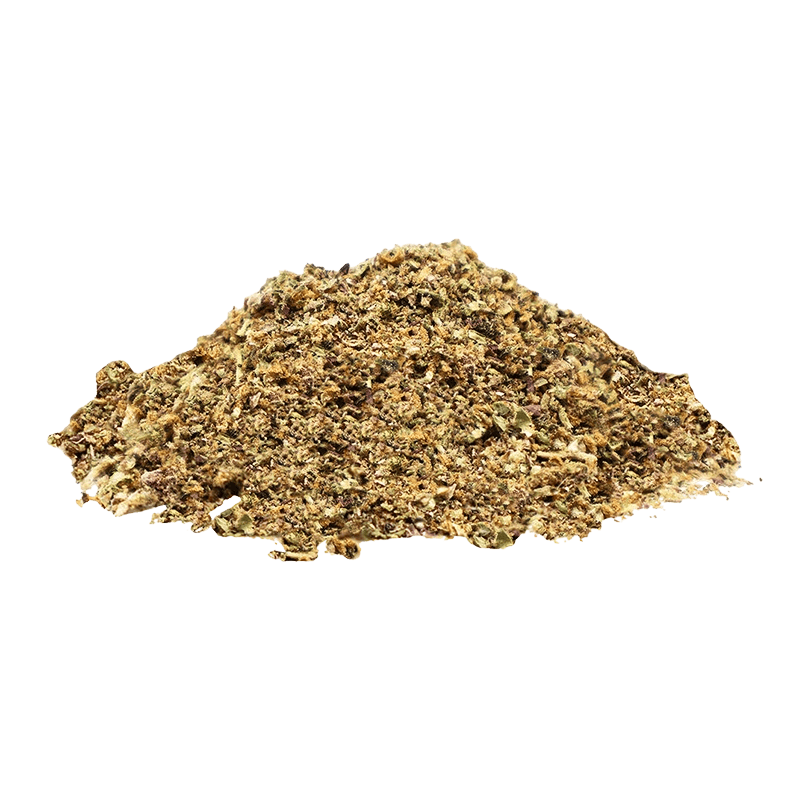 A top-down view of granular, light brown Milled CBD, appearing as a textured pile against a stark white background.