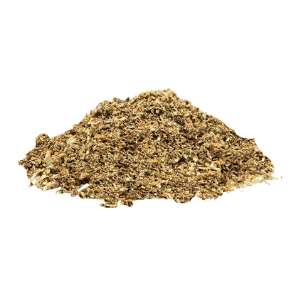 A top-down view of granular, light brown Milled CBD, appearing as a textured pile against a stark white background.