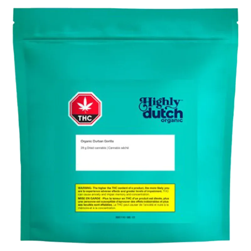 Front-facing teal pouch labeled "Highly Dutch organic Organic Durban Gorilla" with a red THC symbol and white information panels.