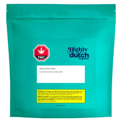 Front-facing teal pouch labeled "Highly Dutch organic Organic Durban Gorilla" with a red THC symbol and white information panels.