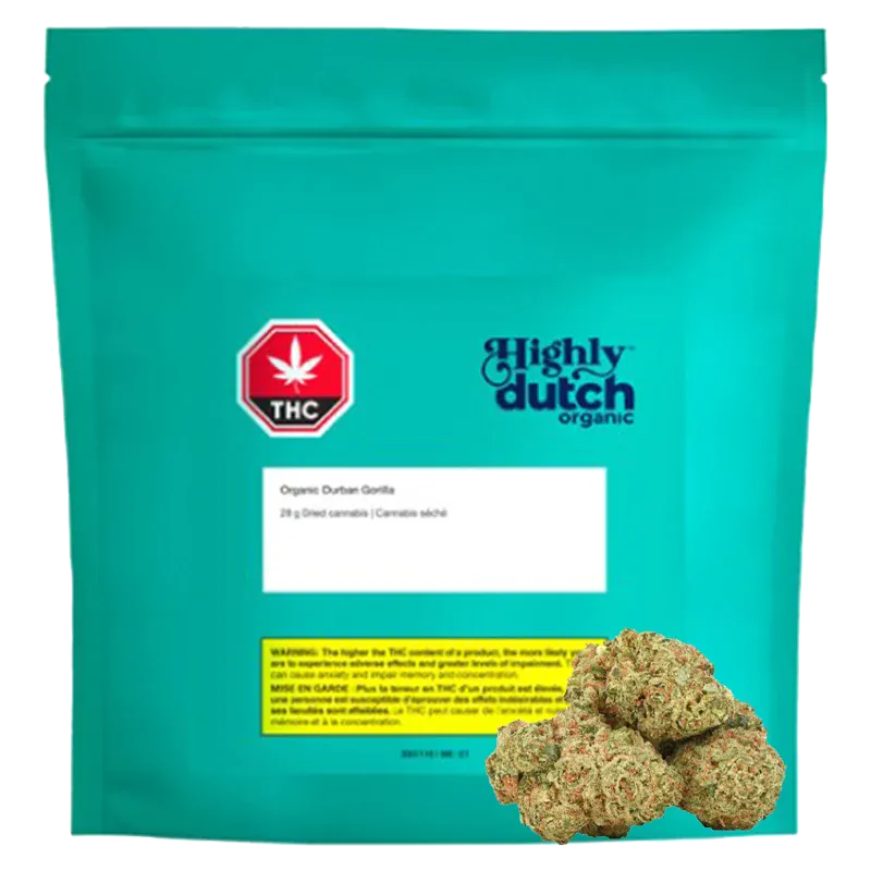 Front-facing teal pouch with a THC symbol and a pile of buds at lower right showing the Highly Dutch Organic Organic Durban Gorilla.
