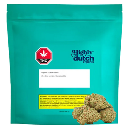 Front-facing teal pouch with a THC symbol and a pile of buds at lower right showing the Highly Dutch Organic Organic Durban Gorilla.