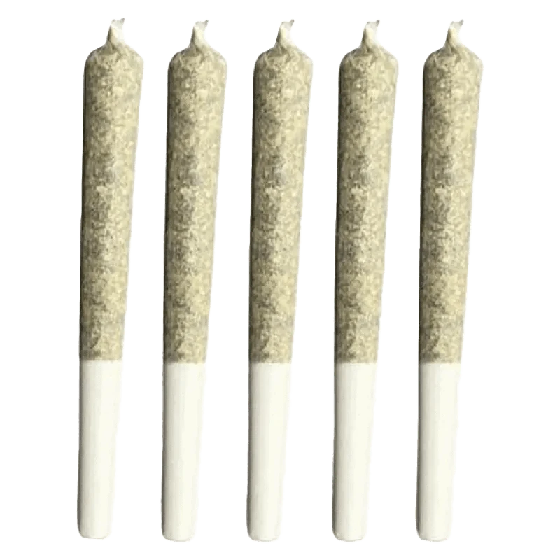 Front view of five 0.5g Donair Kush Pre Rolled joints, neatly arranged against a plain white background.