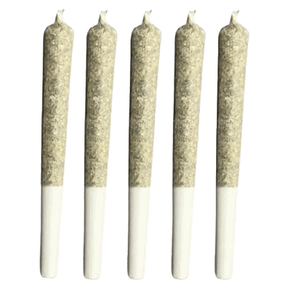 Front view of five 0.5g Donair Kush Pre Rolled joints, neatly arranged against a plain white background.