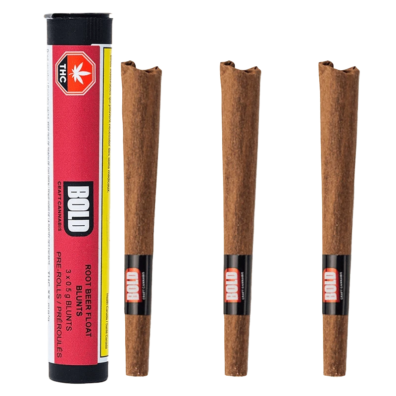 Close-up of the Root Beer Float Blunt PR, a brown cylindrical paper roll with a bold red label against a stark white background.