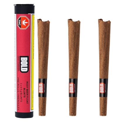 Close-up of the Root Beer Float Blunt PR, a brown cylindrical paper roll with a bold red label against a stark white background.