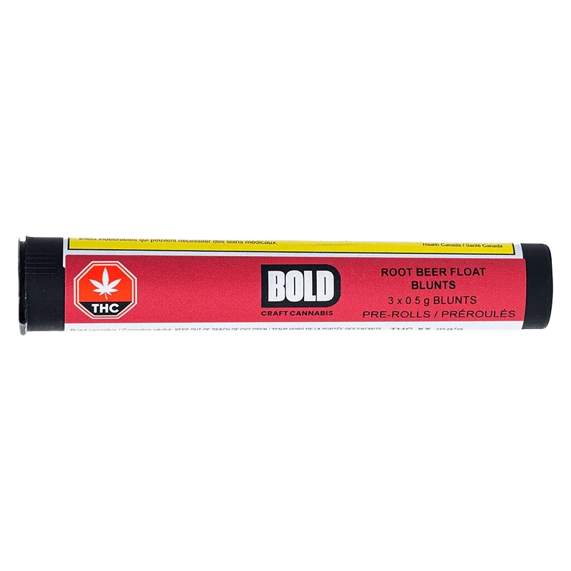 Front view of the Root Beer Float Blunt Pre Rolled 3 x 0.5 g packaging against a dark background, with text in French and English.