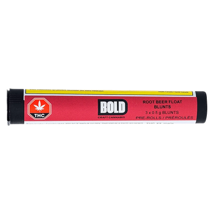 Front view of the Root Beer Float Blunt Pre Rolled 3 x 0.5 g packaging against a dark background, with text in French and English.