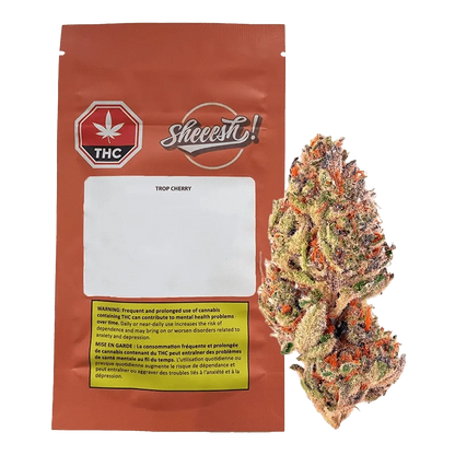 Trop Cherry packaging displays a warning message against prolonged cannabis use on a black background.