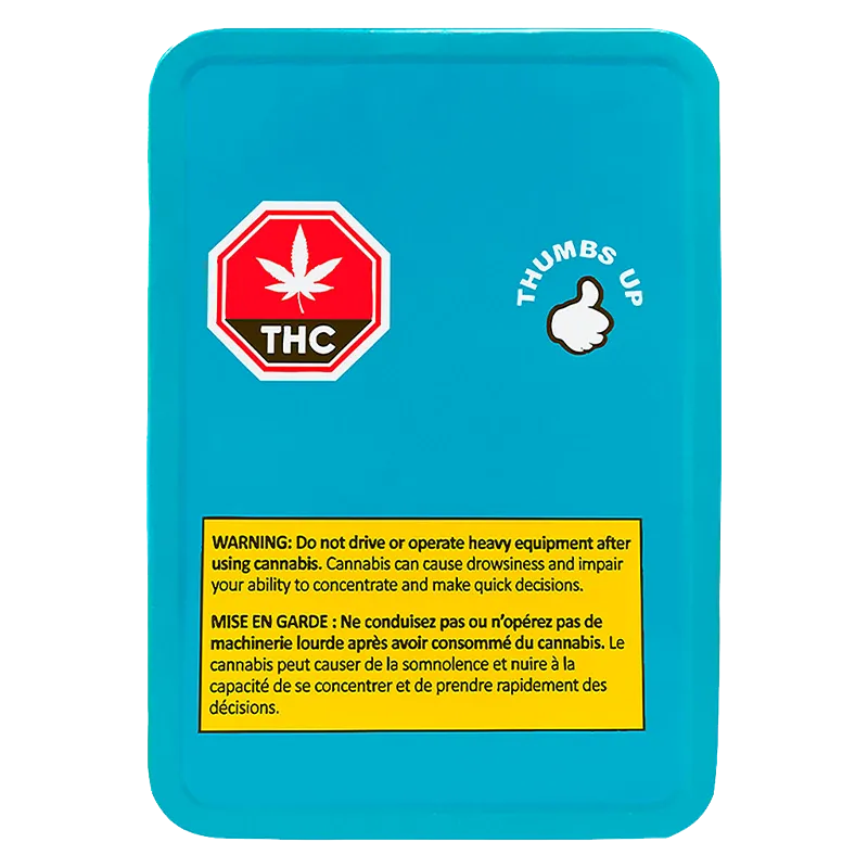 Top-down view of a bright teal tin labeled Sativa PR 10 x 0.35 g showing a red THC stop-sign icon, a "thumbs up" graphic, and a yellow warning box.