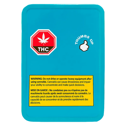 Top-down view of a bright teal tin labeled Sativa PR 10 x 0.35 g showing a red THC stop-sign icon, a "thumbs up" graphic, and a yellow warning box.