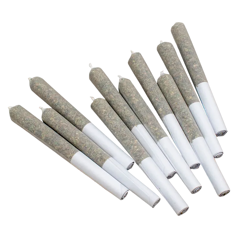 Angled top-down view of ten rolled joints arranged in a fan, labeled Sativa PR 10 x 0.35 g, showing greenish herb and white paper tips.