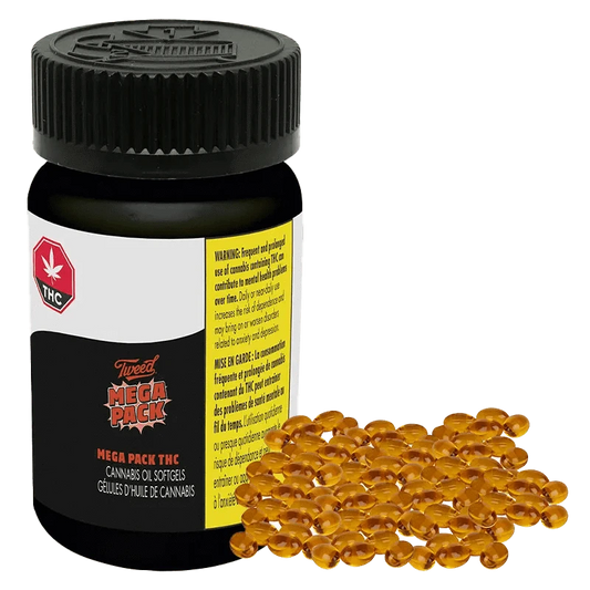 Front view of the THC Softgels packaging with a large red “MEGA” label and warning text in French.