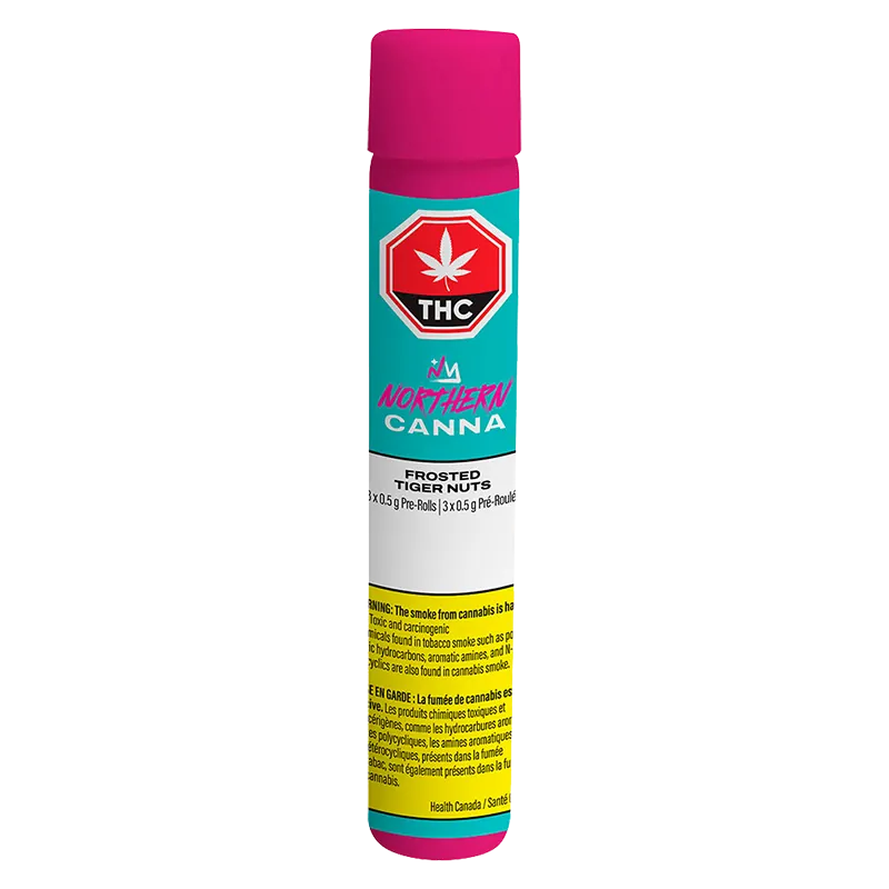 Tall front view of a teal and pink tube labeled Frosted Tiger Nuts PR 3 x 0.5 g by Northern Canna with a red THC stop sign logo.