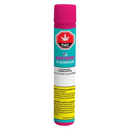 Tall front view of a teal and pink tube labeled Frosted Tiger Nuts PR 3 x 0.5 g by Northern Canna with a red THC stop sign logo.