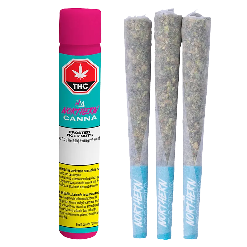 Right-side view of three cone pre-rolls with blue Northern Canna Frosted Tiger Nuts PR 3 x 0.5 g branded tips beside a standing teal and magenta tube of the same product.