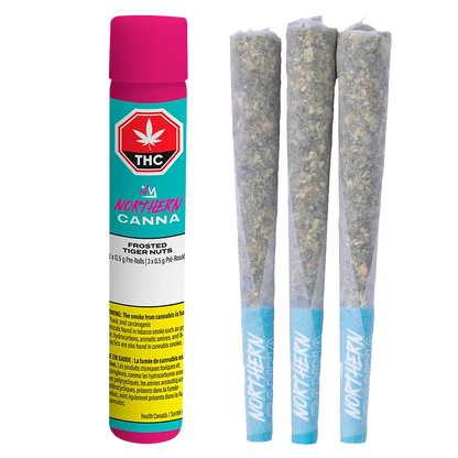 Right-side view of three cone pre-rolls with blue Northern Canna Frosted Tiger Nuts PR 3 x 0.5 g branded tips beside a standing teal and magenta tube of the same product.