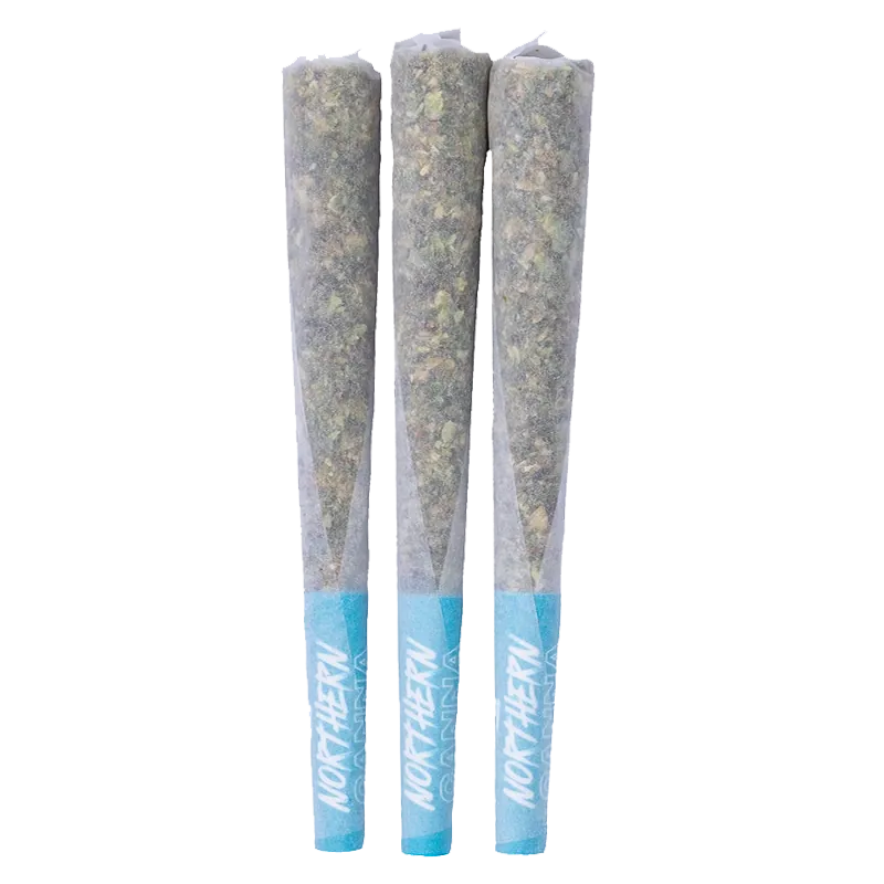 Three upright pre-rolls with blue tips photographed front-on, showing the packed Frosted Tiger Nuts PR 3 x 0.5 g cones against a white background