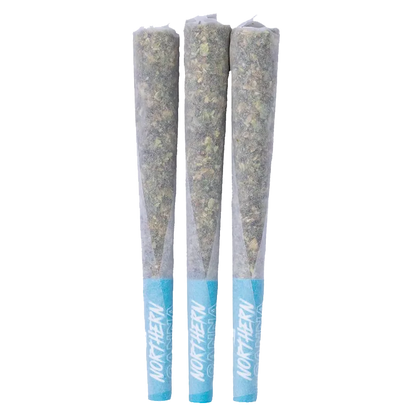 Three upright pre-rolls with blue tips photographed front-on, showing the packed Frosted Tiger Nuts PR 3 x 0.5 g cones against a white background