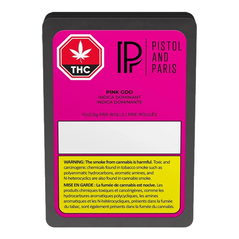 Top-down view of a hot pink tin labeled Pink Goo PR 10 x 0.5 g with bold THC and Pistol and Paris logos on a gray background