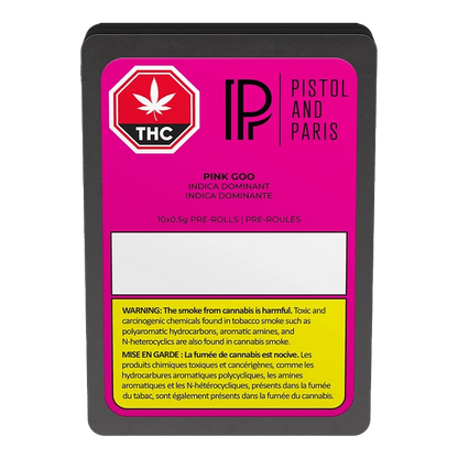 Top-down view of a hot pink tin labeled Pink Goo PR 10 x 0.5 g with bold THC and Pistol and Paris logos on a gray background