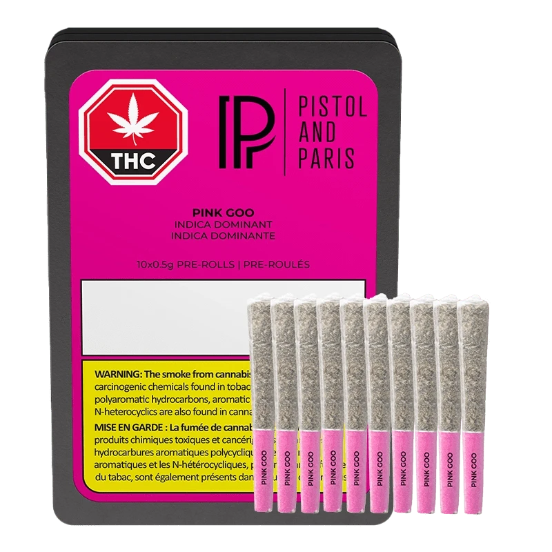 Front-facing tin with a bright pink label and ten visible pre-rolls in front, featuring the full product name Pink Goo PR 10 x 0.5 g.