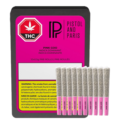Front-facing tin with a bright pink label and ten visible pre-rolls in front, featuring the full product name Pink Goo PR 10 x 0.5 g.
