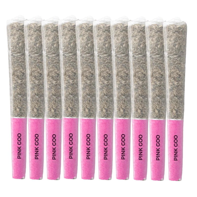 Row of ten pre-rolled joints with pink tips labeled "Pink Goo PR 10 x 0.5 g" shown front-on against a white background.