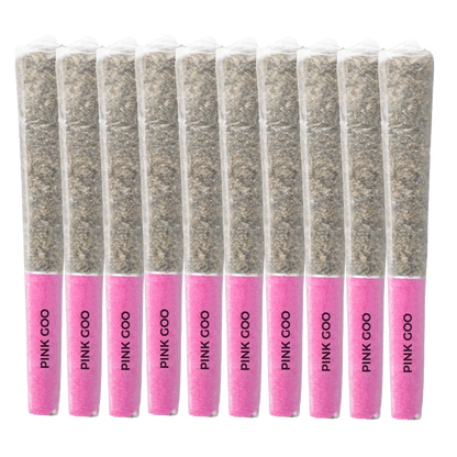 Row of ten pre-rolled joints with pink tips labeled "Pink Goo PR 10 x 0.5 g" shown front-on against a white background.