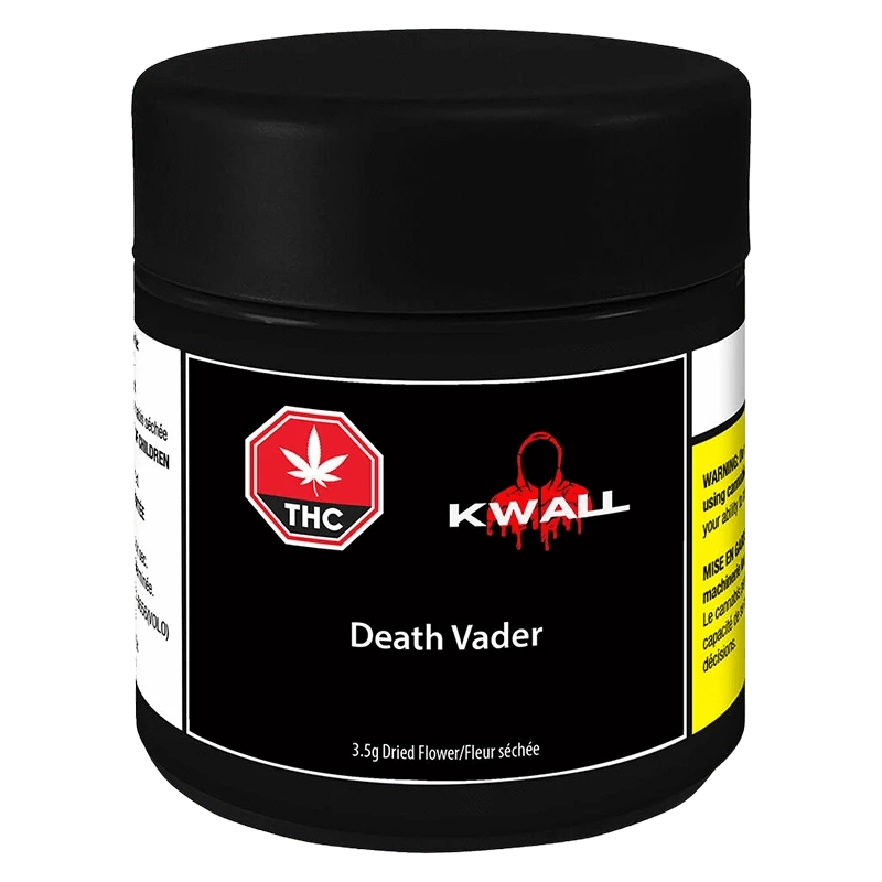 Front-facing jar with a matte black lid and label reading "KWALL Death Vader" centered beneath a red THC badge and hooded logo.