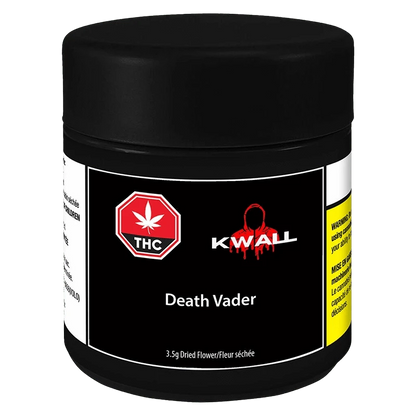 Front-facing jar with a matte black lid and label reading "KWALL Death Vader" centered beneath a red THC badge and hooded logo.