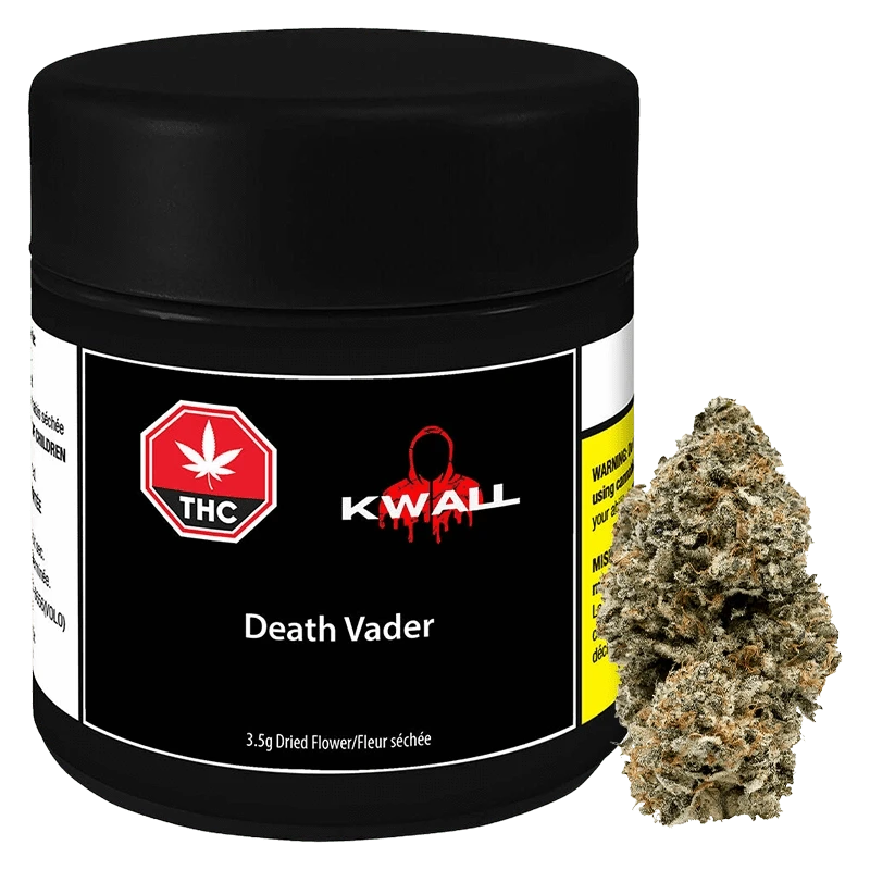 Front-facing shot of the KWALL Death Vader 3.5 g black jar with label art and a single dense cannabis bud beside it.