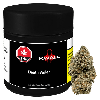 Front-facing shot of the KWALL Death Vader 3.5 g black jar with label art and a single dense cannabis bud beside it.