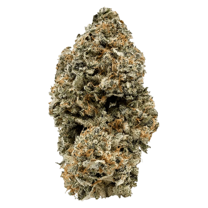 Close-up of a frosty, green and orange cone-shaped bud photographed head-on, labeled Death Vader.