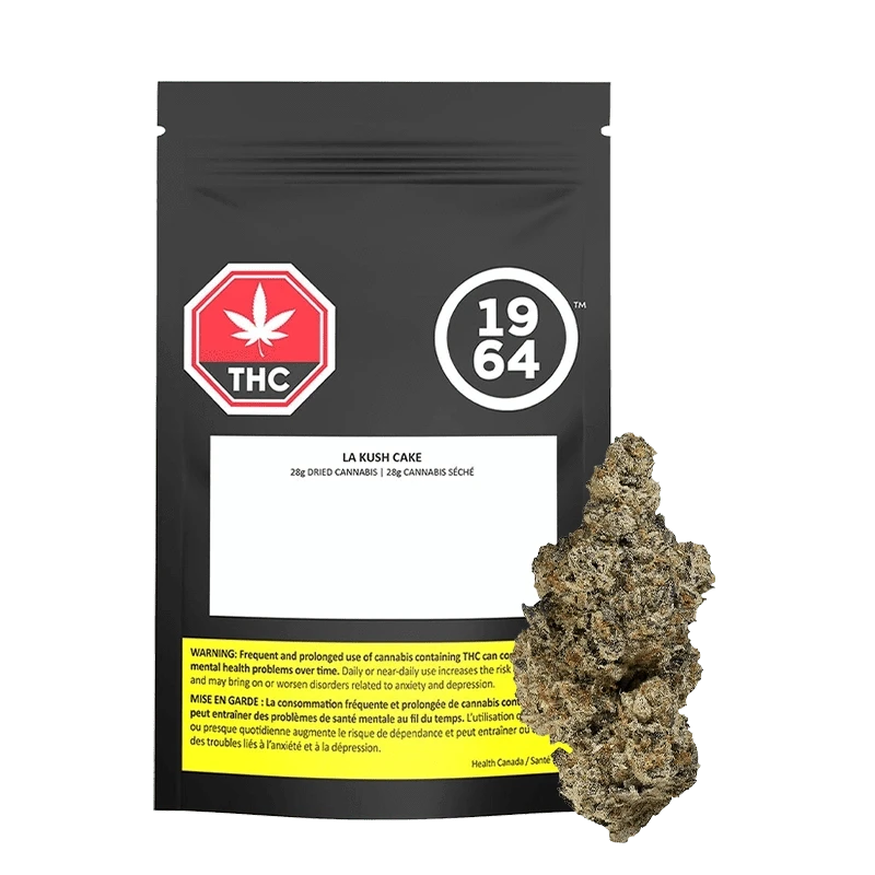 Close-up of the LA Kush Cake package, showing branding and size information on a dark background.