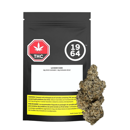 Close-up of the LA Kush Cake package, showing branding and size information on a dark background.