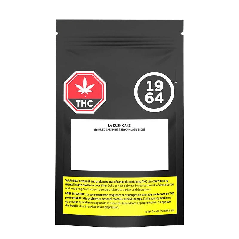 Front view of the LA Kush Cake package, displaying bold red and black text on a white background.