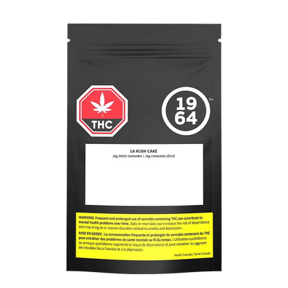 Front view of the LA Kush Cake package, displaying bold red and black text on a white background.