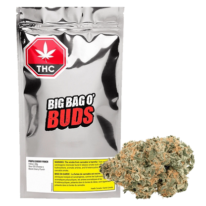 Close-up of the Purple Cherry Punch packaging, displaying bold lettering and a cannabis leaf against a black background.