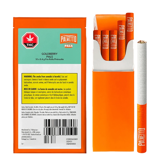 Front view of the Goldberry Pals Pre Rolled 10 x 0.4 g packaging with a red THC symbol and French warning text.